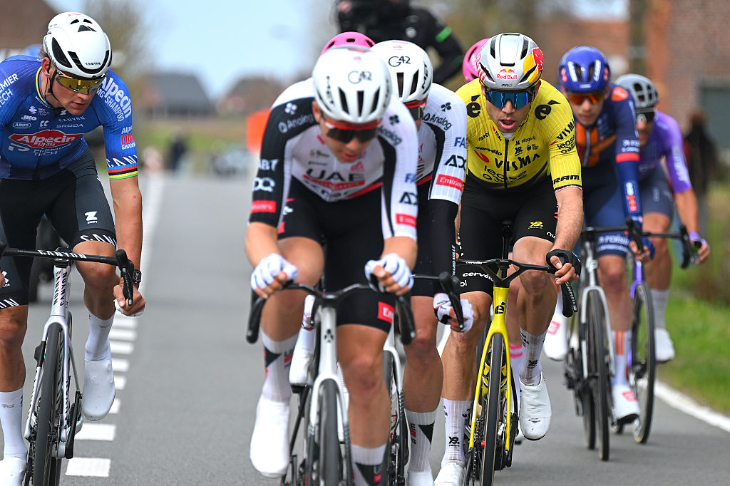 WEVELGEM, BELGIUM - MARCH 29: (L-R) Mathieu van der Poel of Netherlands and Team Alpecin-Premier Tech and Wout van Aert of Belgium and Team Visma | Lease a Bike compete in the breakaway during the 88th In Flanders Fields - From Middelkerke to Wevelgem 2026 - Men&amp;amp;apos;s Elite a 240.8km one day race from Middelkerke to Wevelgem / #UCIWT / on March 29, 2026 in Wevelgem, Belgium. (Photo by Tim de Waele/Getty Images)