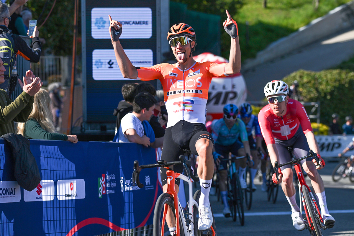 BAROLO, ITALY - MARCH 25: Axel Laurance of France and Team INEOS Grenadiers celebrates at finish line as stage winner during the 41st Settimana Internazionale Coppi e Bartali 2026, Stage 1 a 161.1km stage from Barbaresco to Barolo on March 25, 2026 in Barolo, Italy. (Photo by Dario Belingheri/Getty Images)