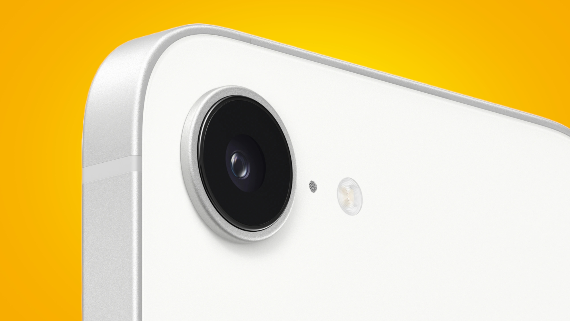 The iPhone 16e camera on an orange background