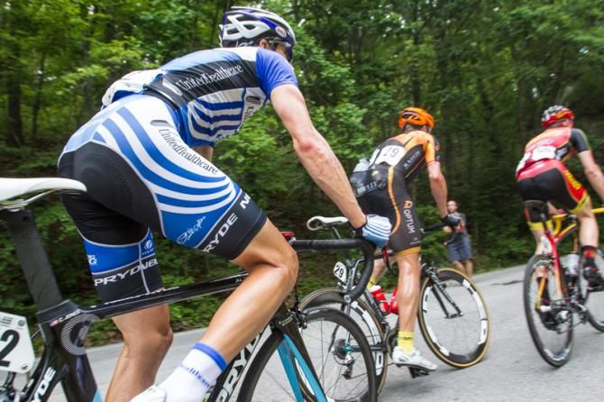 Chris Jones (UnitedHealthcare) hits one of the steep sections of the climb along with the break.