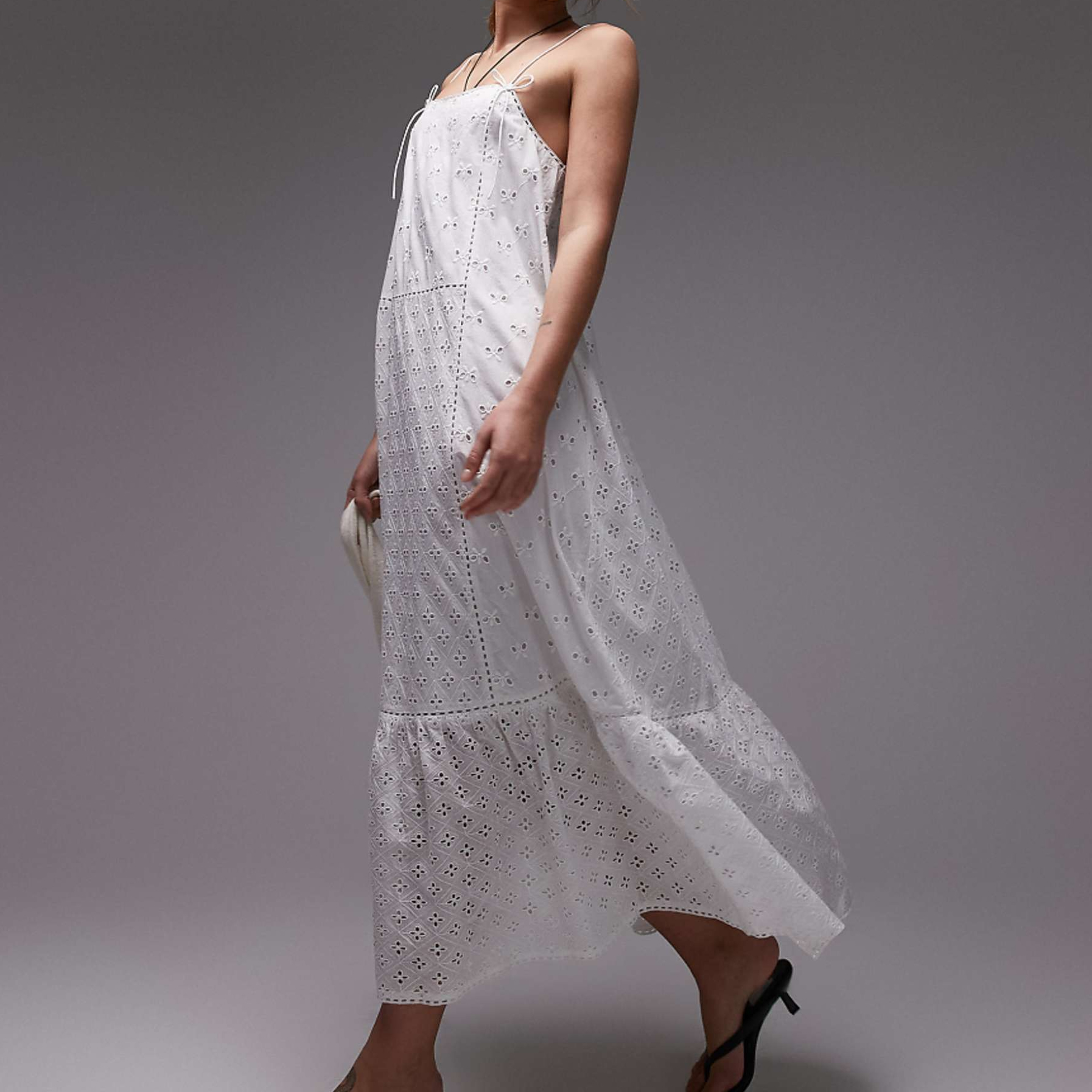 Topshop Eyelet Trapeze Midi Dress in White