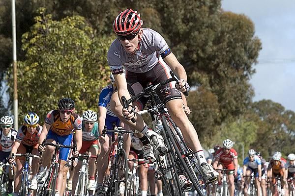 Hayden Brooks (Fly V Australia) leads the peloton around the streets of Swan Hill during the 45-kilometre stage four criterium.