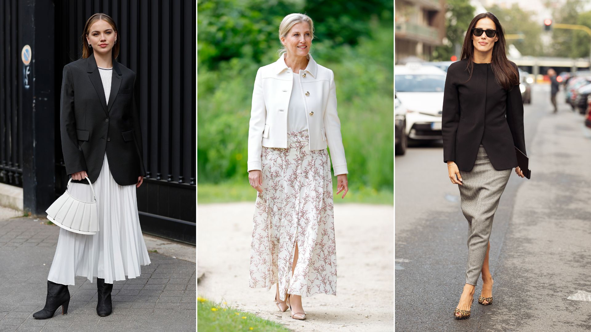 Three women wear blazers and long skirts