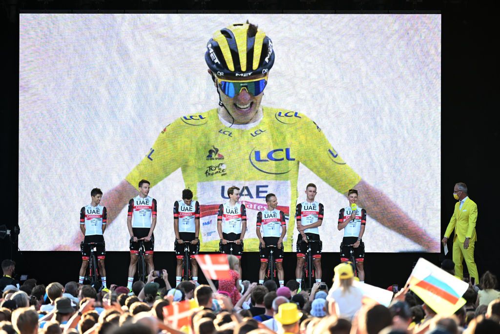 COPENHAGEN DENMARK JUNE 29 George Bennett of New Zealand Mikkel Bjerg of Denmark Stake Laengen Vegard of Norway Rafal Majka of Poland Brandon Mcnulty of United States Tadej Pogacar of Slovenia Marc Soler Gimenez of Spain Matteo Trentin of Italy and UAE Team Emirates during the Team Presentation of the 109th Tour de France 2022 at Tivoli Gardens in Copenhagen City TDF2022 on June 29 2022 in Copenhagen Denmark Photo by Stuart FranklinGetty Images