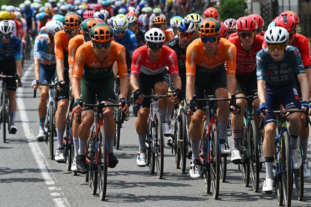 SAINTAMANDMONTROND FRANCE JULY 09 LR Dylan Groenewegen of Netherlands and Team Jayco AlUla Arnaud Demare of France and Team Arkea BB Hotels and Jonas Vingegaard Hansen of Denmark and Team Visma Lease a Bike compete during the 111th Tour de France 2024 Stage 10 a 1873km stage from Orleans to SaintAmandMontrond UCIWT on July 09 2024 in Orleans France Photo by Dario BelingheriGetty Images