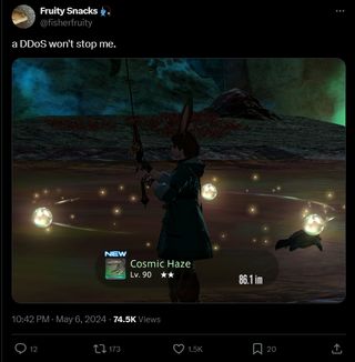A tweet of a fishing Viera catching a Cosmic Haze. The tweet reads "a DDoS won't stop me."