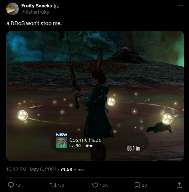 A tweet of a fishing Viera catching a Cosmic Haze. The tweet reads 