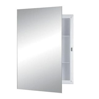 A medicine cabinet with a mirror and a white base
