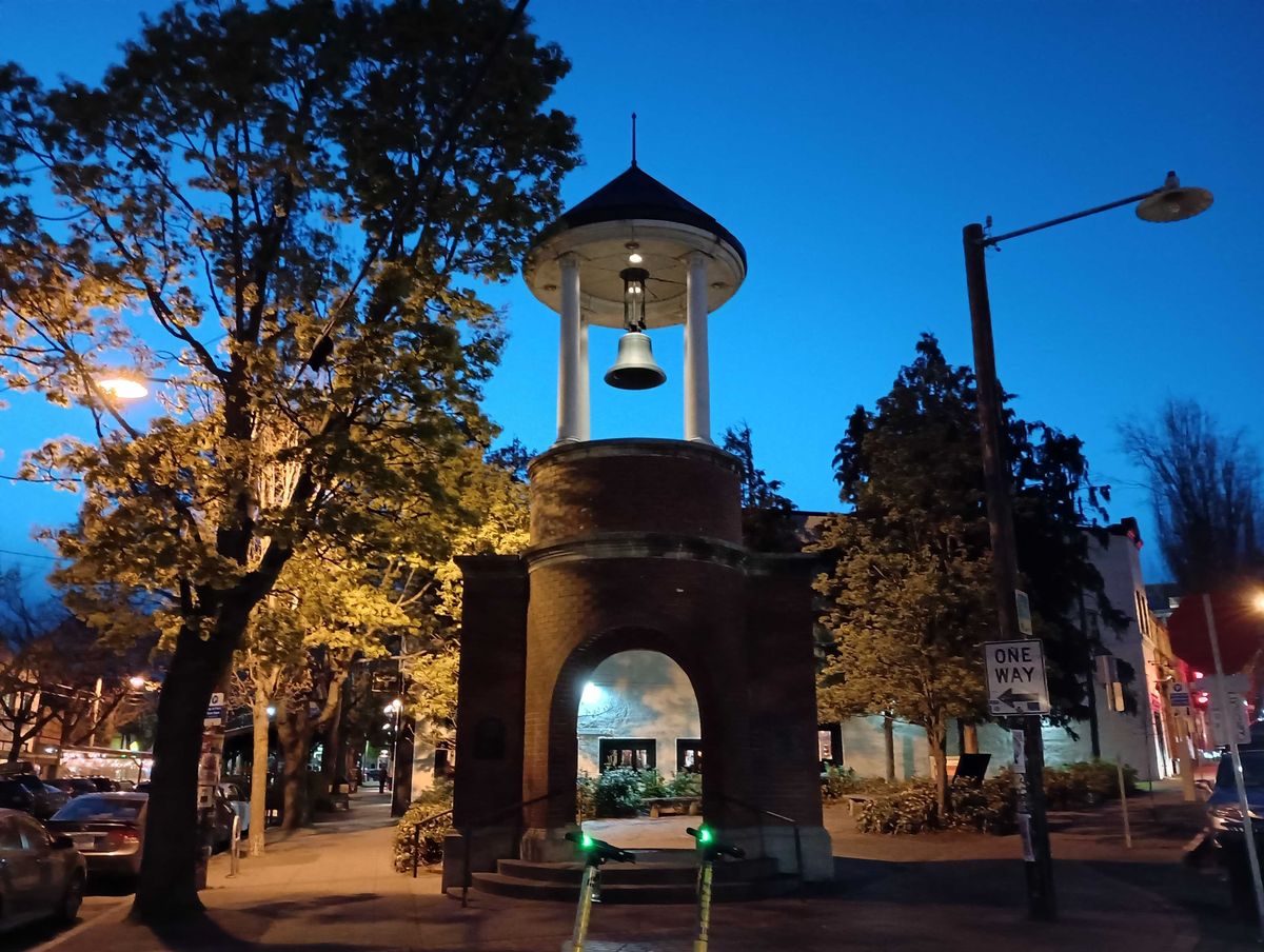 A bell tower at night