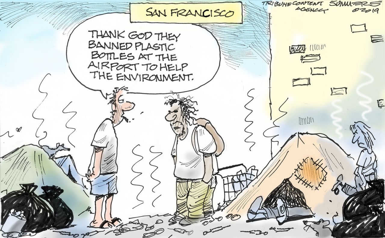 Political Cartoon San Francisco Plastic Bottle Airport Ban Trash Homelessness