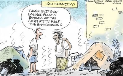 Political Cartoon San Francisco Plastic Bottle Airport Ban Trash Homelessness