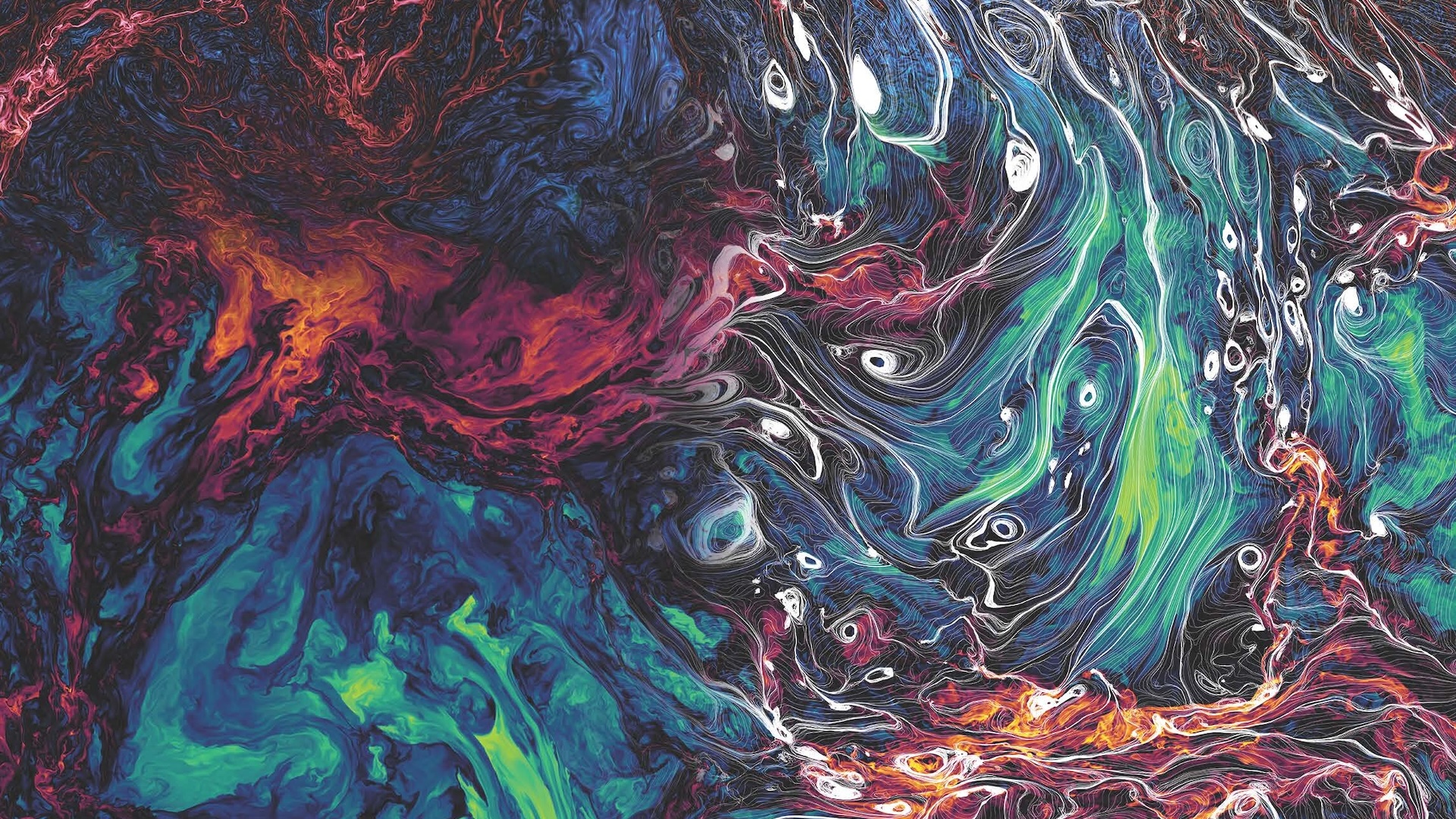 A simulation of turbulence between stars that resembles a psychedelic rainbow marbled pattern
