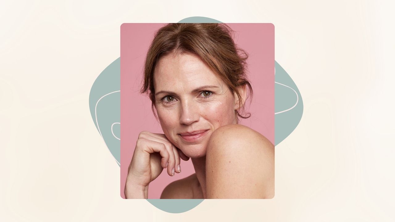 a beige backdrop with a green square and graphic squiggles, with an image of a woman with brown hair and bare skin smiling and resting her chin on her hands