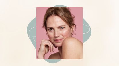 a beige backdrop with a green square and graphic squiggles, with an image of a woman with brown hair and bare skin smiling and resting her chin on her hands