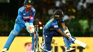 Matheesha Pathirana is bowled by Kuldeep Yadav (not pictured)during the Asia Cup 2023 India v Stri Lanka Super Four match GettyImages 1660379258