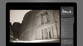 Ancient building in a Lightroom preset on a MacBook screen