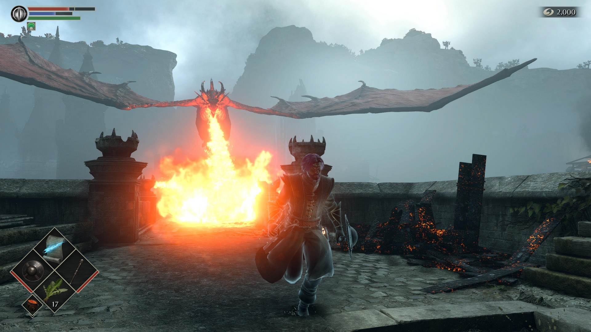 A flying red dragon shoots flames at the player in Demon&#039;s Souls as they run away