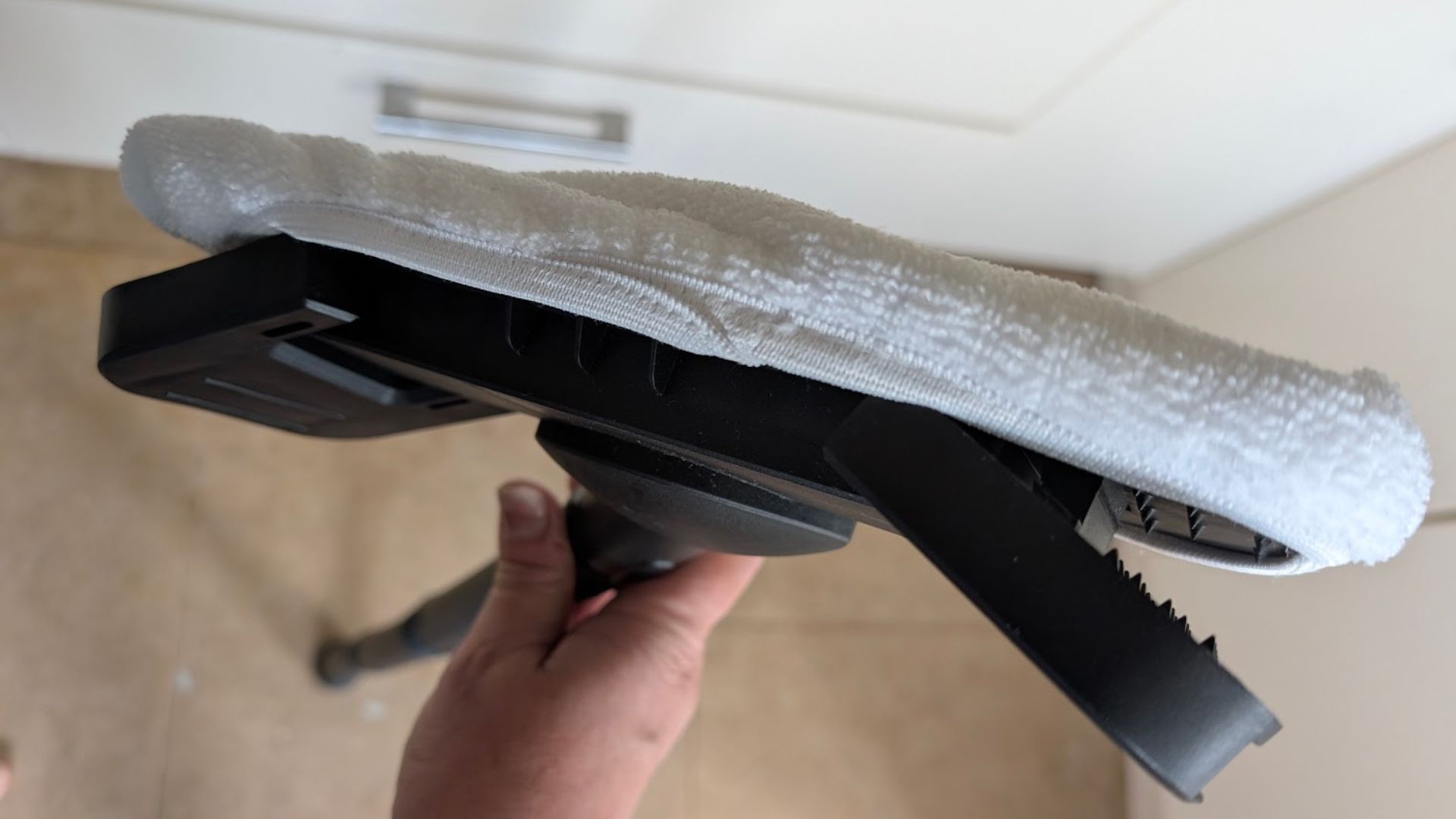 Testing the Beldray 15-in-1 Steam Cleaner, showing the floor pad
