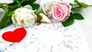 Astrology birth chart compatibility for partner with heart. Astrological Compatibility men and women, synastry layout. New age astrological.