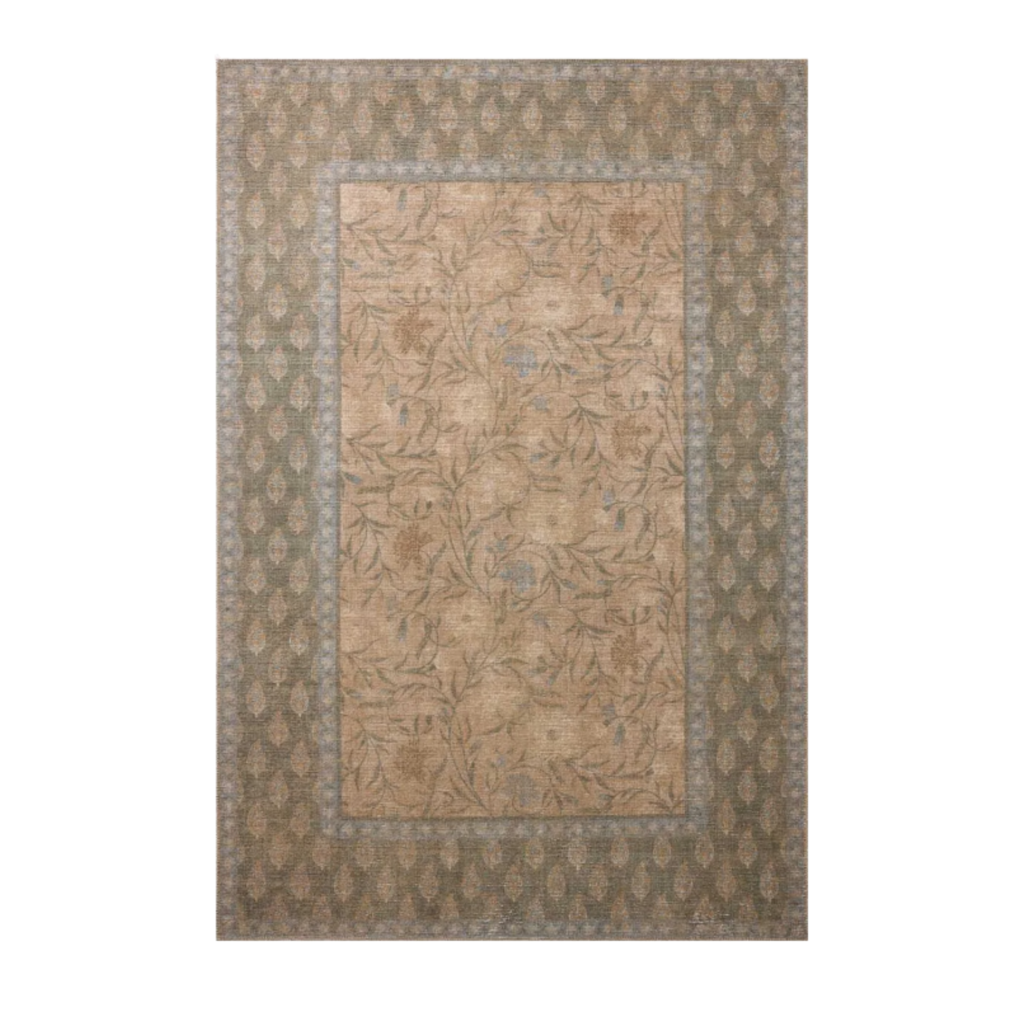 a neutral rug with floral motifs