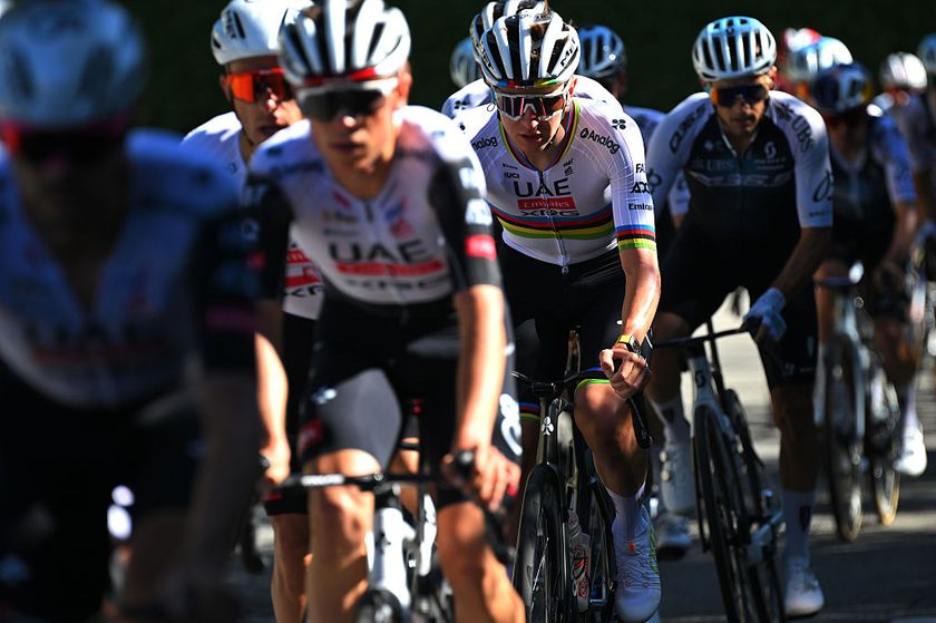 VARESE, ITALY - OCTOBER 07: Tadej Pogacar of Slovenia and UAE Team Emirates competes during the 104th Tre Valli Varesine 2025 a 200.3km one day race from Busto Arsizio to Varese on October 07, 2025 in Varese, Italy. (Photo by Tim de Waele/Getty Images)
