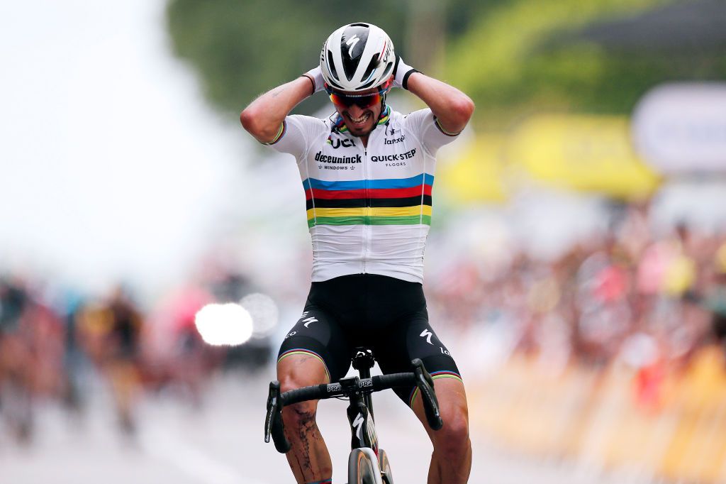 LANDERNEAU FRANCE JUNE 26 Julian Alaphilippe of France and Team Deceuninck QuickStep celebrates at arrival during the 108th Tour de France 2021 Stage 1 a 1978km stage from Brest to Landerneau Cte De La Fosse Aux Loups 176m LeTour TDF2021 on June 26 2021 in Landerneau France Photo by Christophe PetitTesson PoolGetty Images