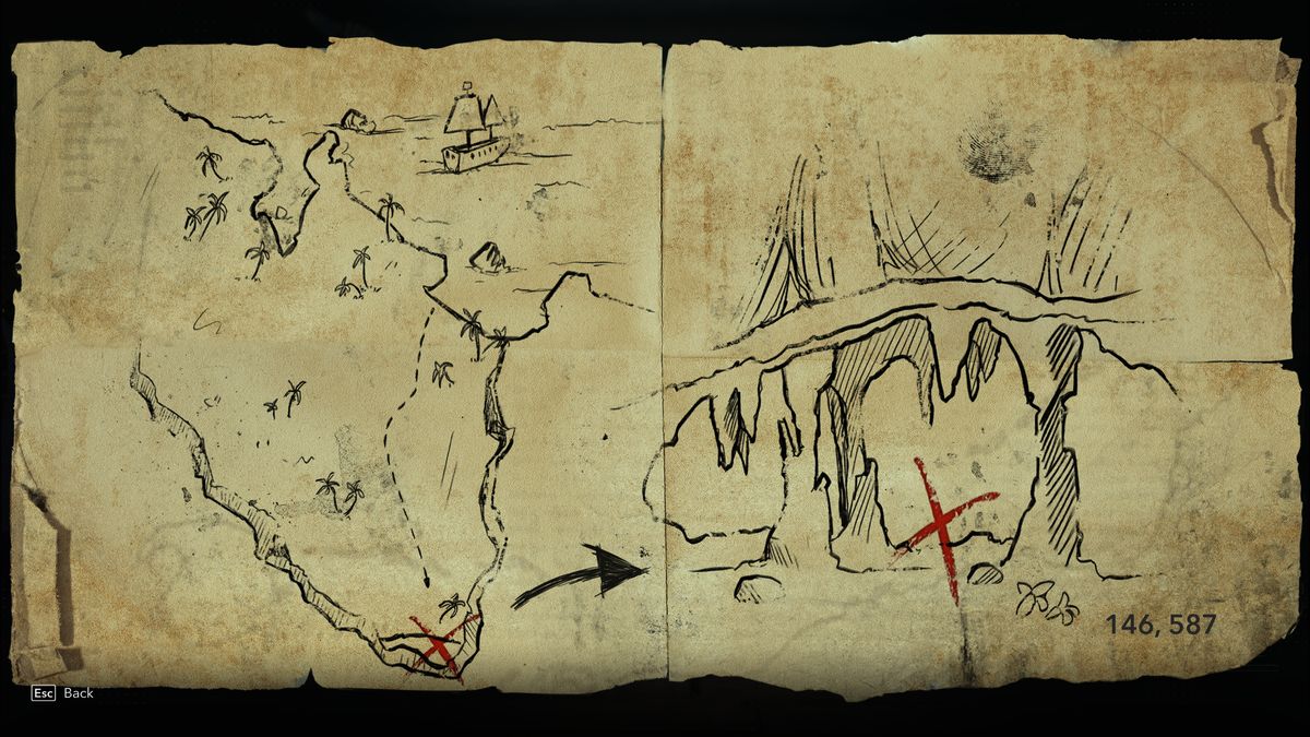Black Flag treasure maps: A hand-drawn map leading to buried treasure.