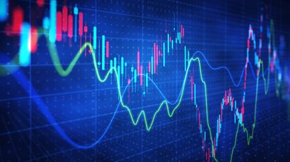 A stock market chart against a blue screen.