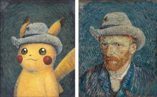 A split image showing Vincent Van Gogh (right) and Pikachu dressed as Van Gogh (left)