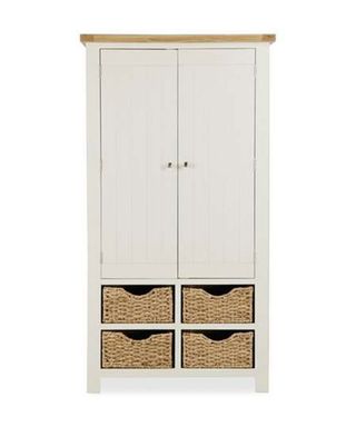 Dunelm Wilby cream larder unit with four woven seagrass baskets at the bottom