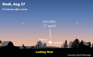 Venus and Jupiter will pass incredibly close to each other in the night sky Saturday, Aug. 27. They won't pass closer than this until 2065!
