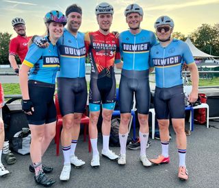 Fred Wright poses with Dulwich Paragon CC members at Herne Hill velodrome