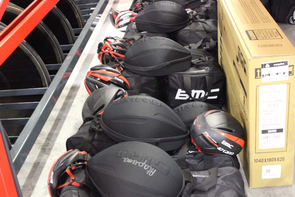Rain bags for the riders heading to Pais Vasco wait to be packed away, each rider has two