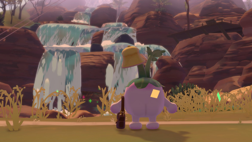 A turnip postal worker with a &quot;juicy bum&quot; stands amazed in front of a scenic waterfall.