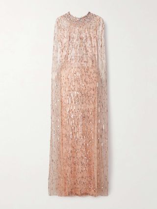 Cape-Effect Embellished Tulle Gown