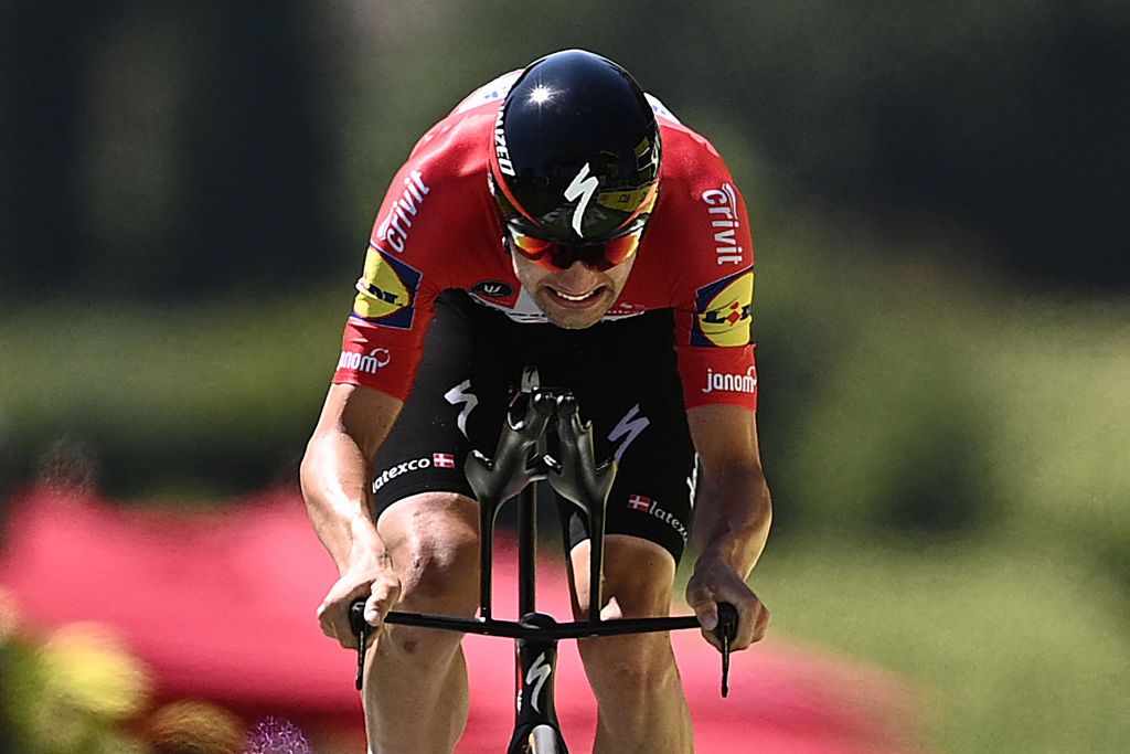 Team Deceuninck Quicksteps Kasper Asgreen of Denmark crosses the finish line during the 20th stage of the 108th edition of the Tour de France cycling race a 30 km time trial between Libourne and SaintEmilion on July 17 2021 Photo by AnneChristine POUJOULAT AFP Photo by ANNECHRISTINE POUJOULATAFP via Getty Images