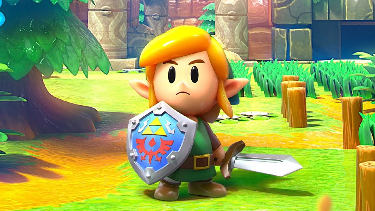 Link stands with his sword and shield