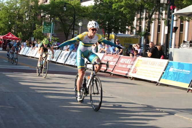 Australian criterium champion Kimberley Wells (Fearless Femme p/b Pure Energy Cycling) celebrates victory at the Shorewood Criterium Cycling Classic