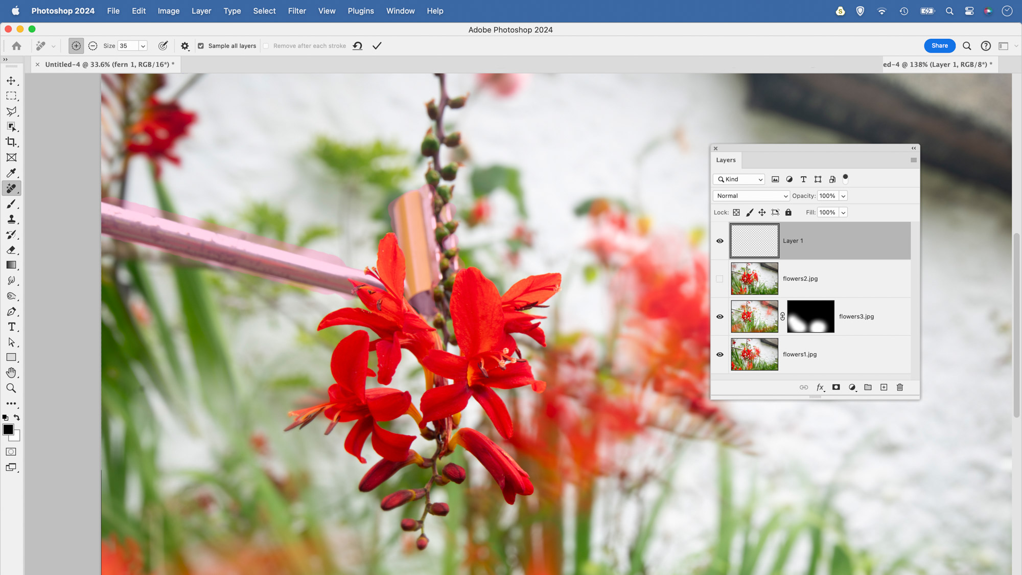 In this Photoshop CC screenshot the photographer is using the Spot Healing Brush tool to remove the clamp from this flower photo