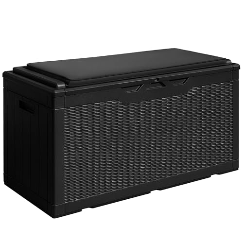 Devoko 100 Gallon Waterproof Large Resin Deck Box Outdoor Storage Box Indoor Lockable Storage Container With Cushion for Patio Furniture Garden Pool Cushions (black)
