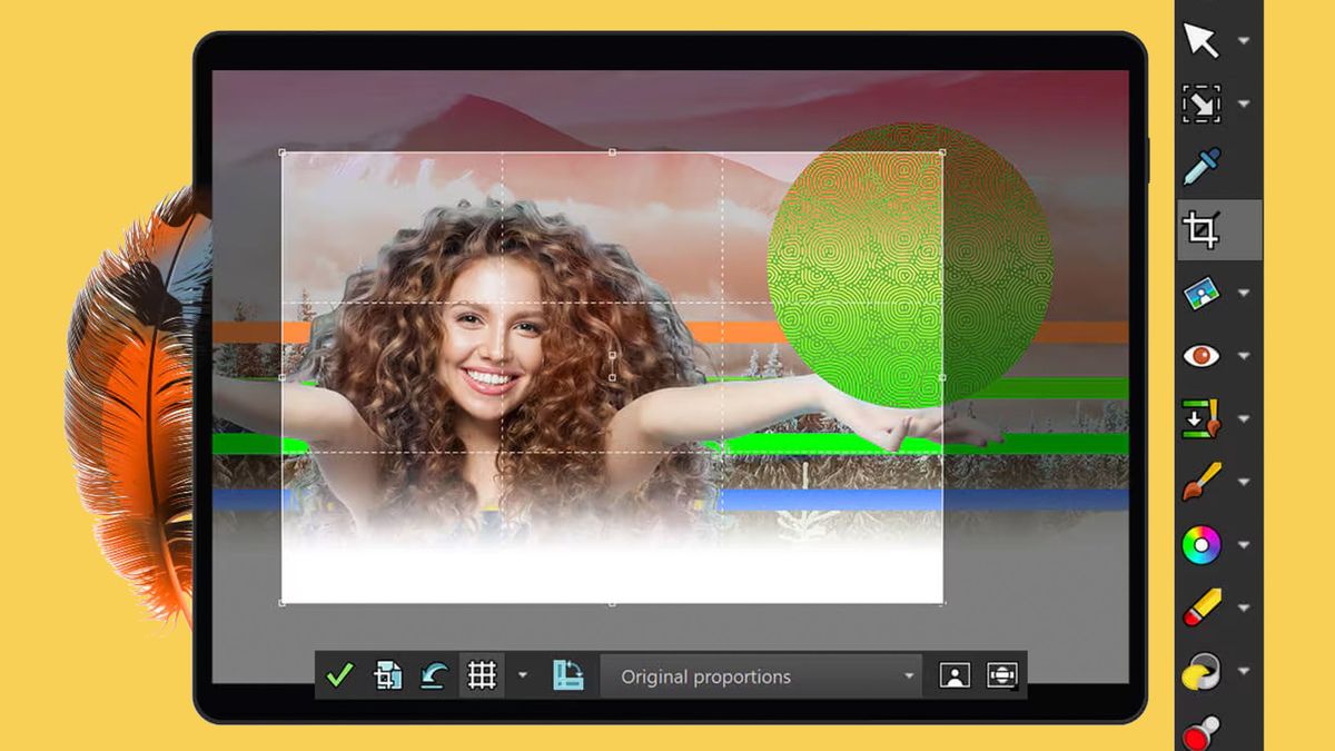 Paintshop pro 2023 screengrab on a yellow background with a feather on the left and a toolbar on the right