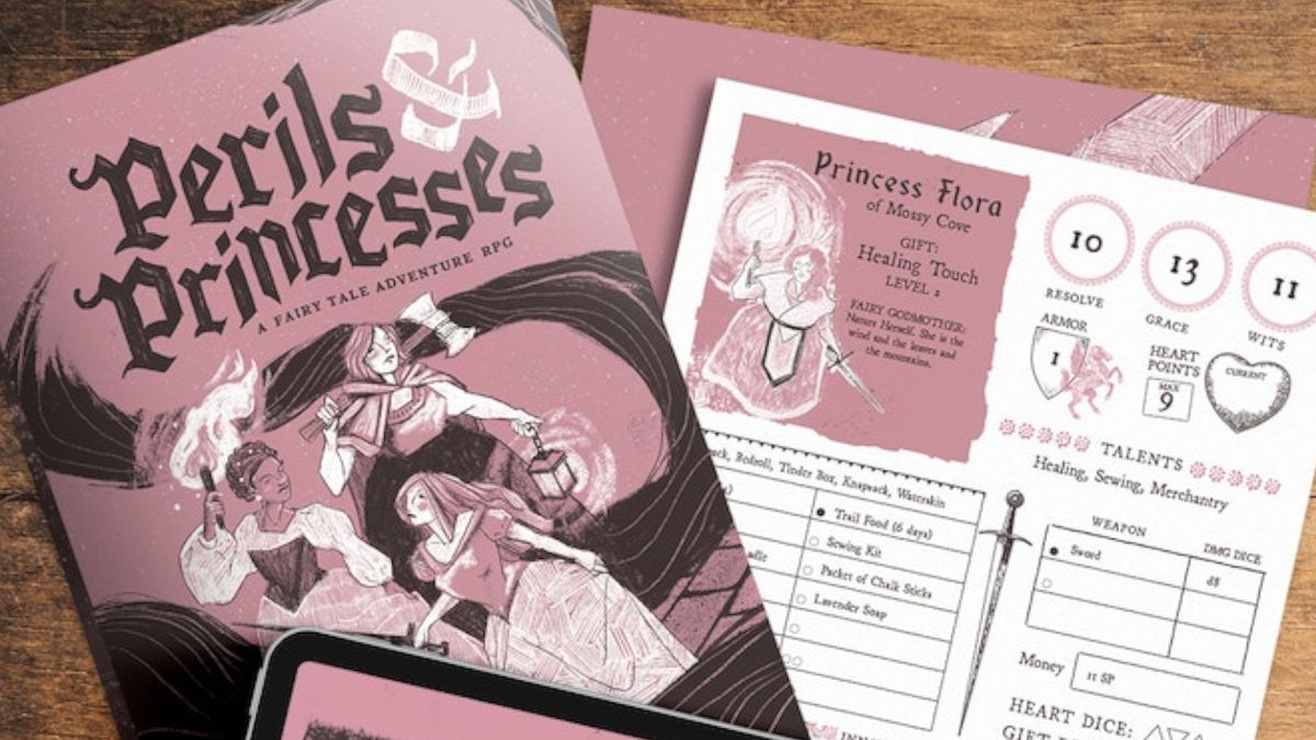 The Perils &amp; Princesses rulebook alongside a character sheet on a wooden surface