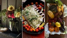 a vase of sunflowers and dahlias on the left, a rack of lamb in the middle and a crate of harvest vegetables on the right