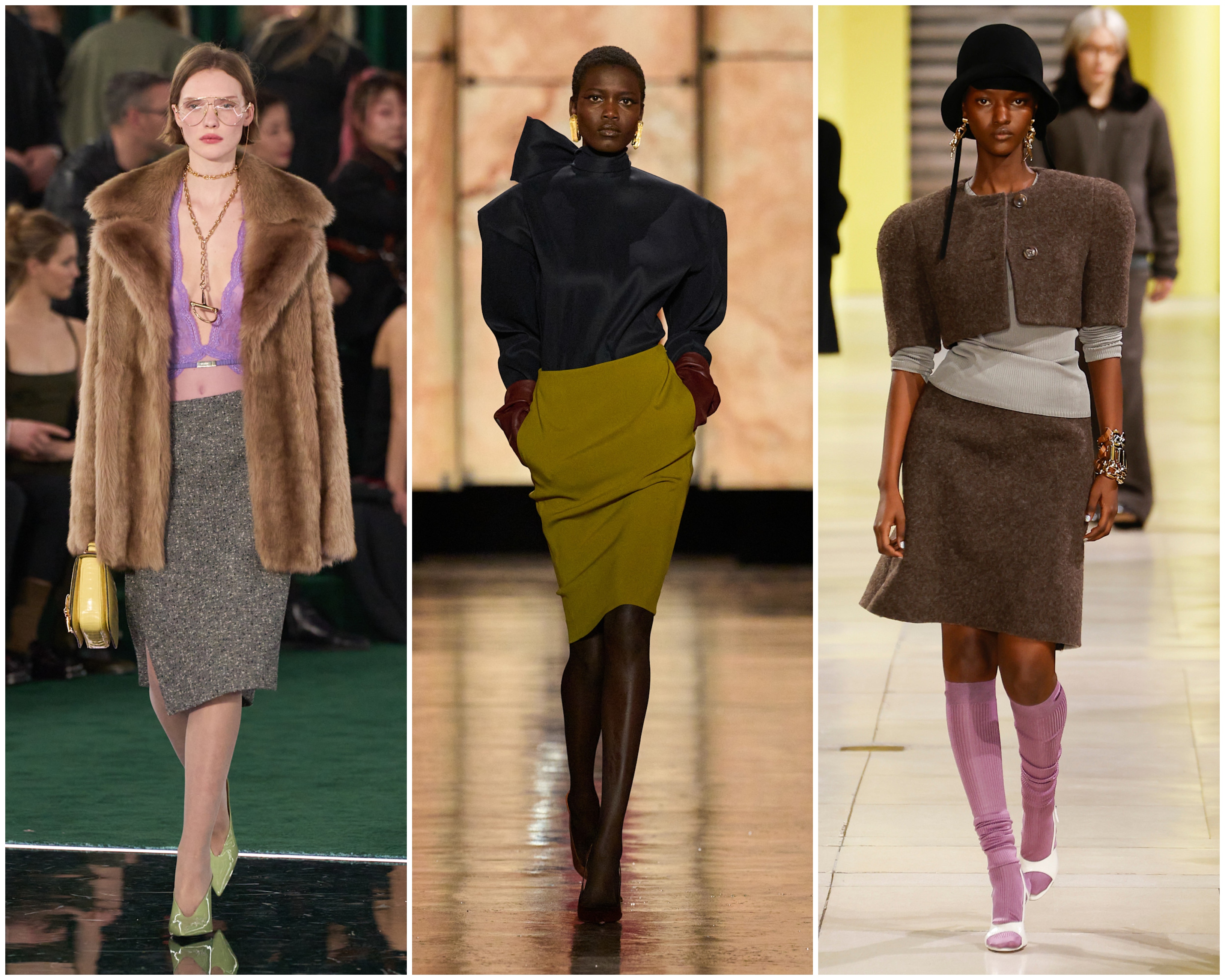 pencil skirts on the fall 2025 runways of gucci, saint laurent, and miu miu