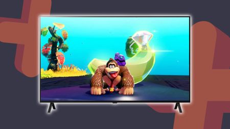 LG OLED B4 TV with navy and orange backdrop and Donkey Kong Bananza art on screen