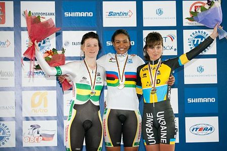 The women's individual pursuit podium (l-r): Amy Cure, Michaela Anderson and Hanna Solovey.