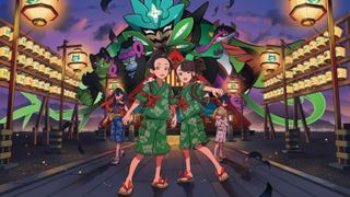 Key art for Pokémon Scarlet and Violet's Teal Mask DLC, depicting the playable characters surrounded by the expansion's new legendary Pokémon.