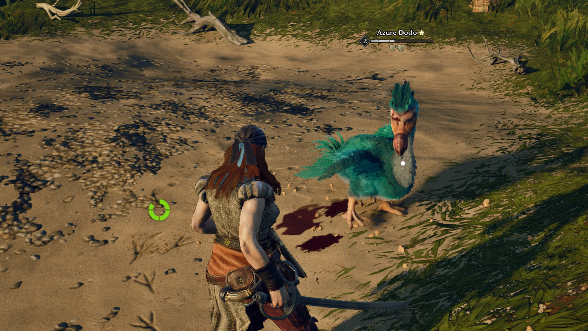 The player faces down a huge, azure dodo on a beach in Windrose