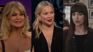 Goldie Hawn on The Late Late Show, Kate Hudson on Jimmy Kimmel, and Dakota Johnson interviews potential clients in Materialists.