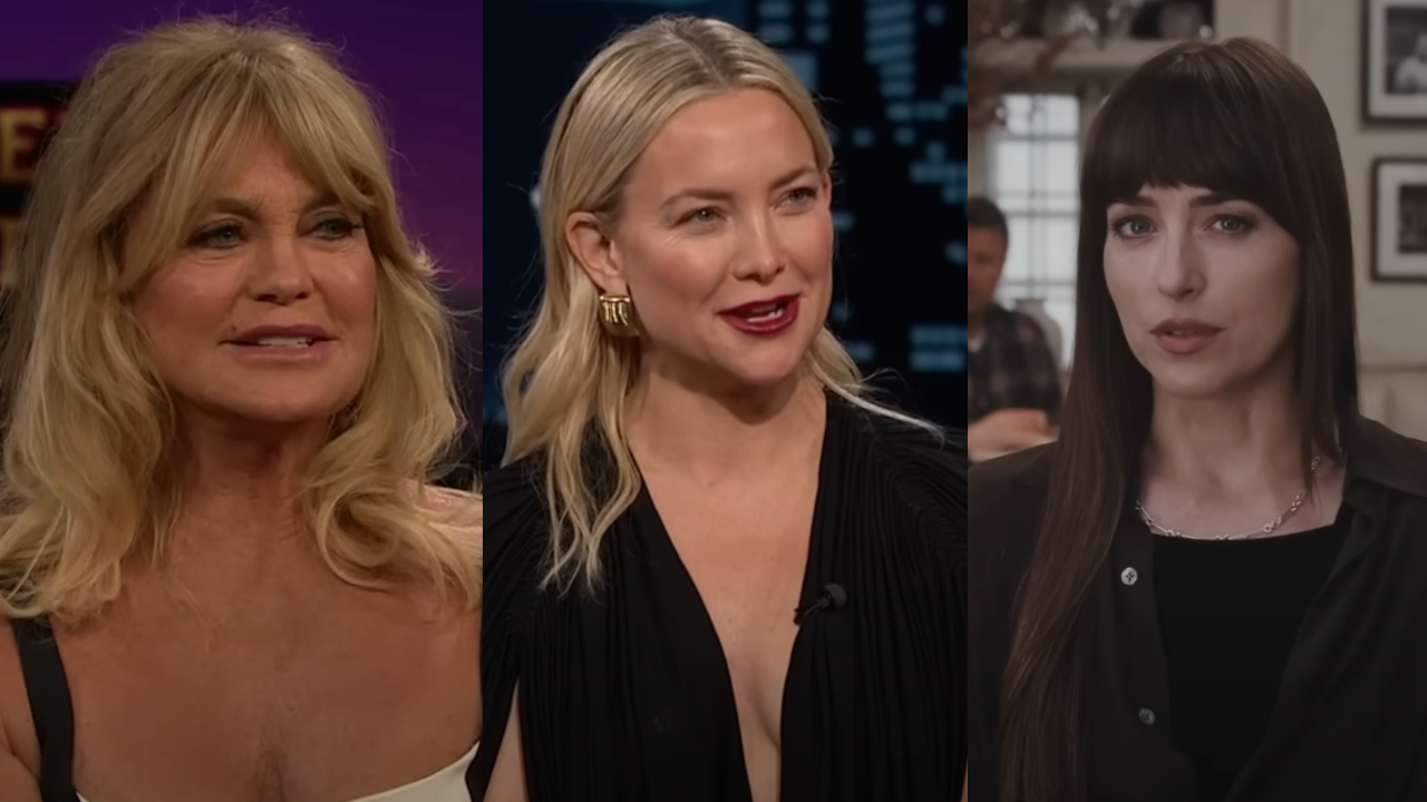 Goldie Hawn on The Late Late Show, Kate Hudson on Jimmy Kimmel, and Dakota Johnson interviews potential clients in Materialists.